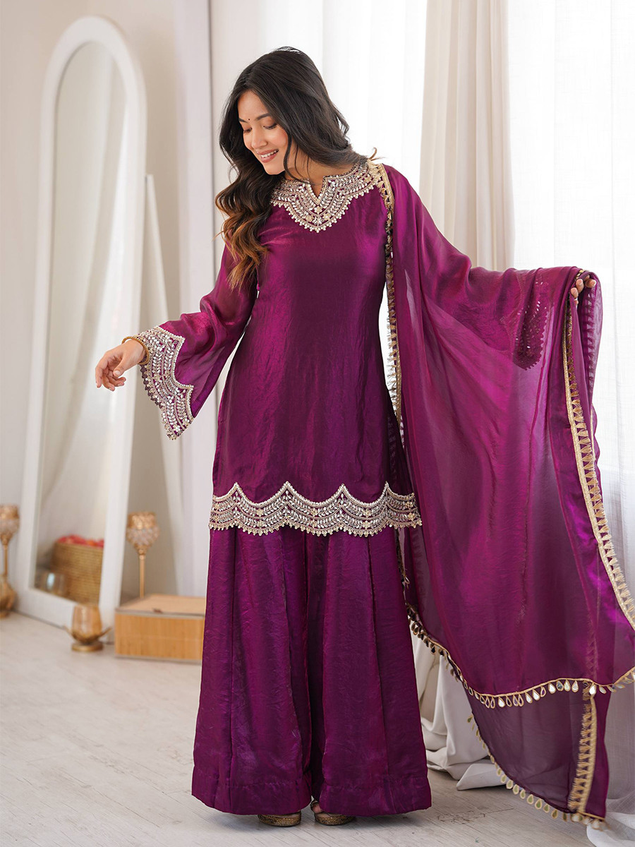 Wine Fendy Silk Sequins Stone Work Wedding Party Festival Casual Ready Palazzo Pant Salwar Kameez