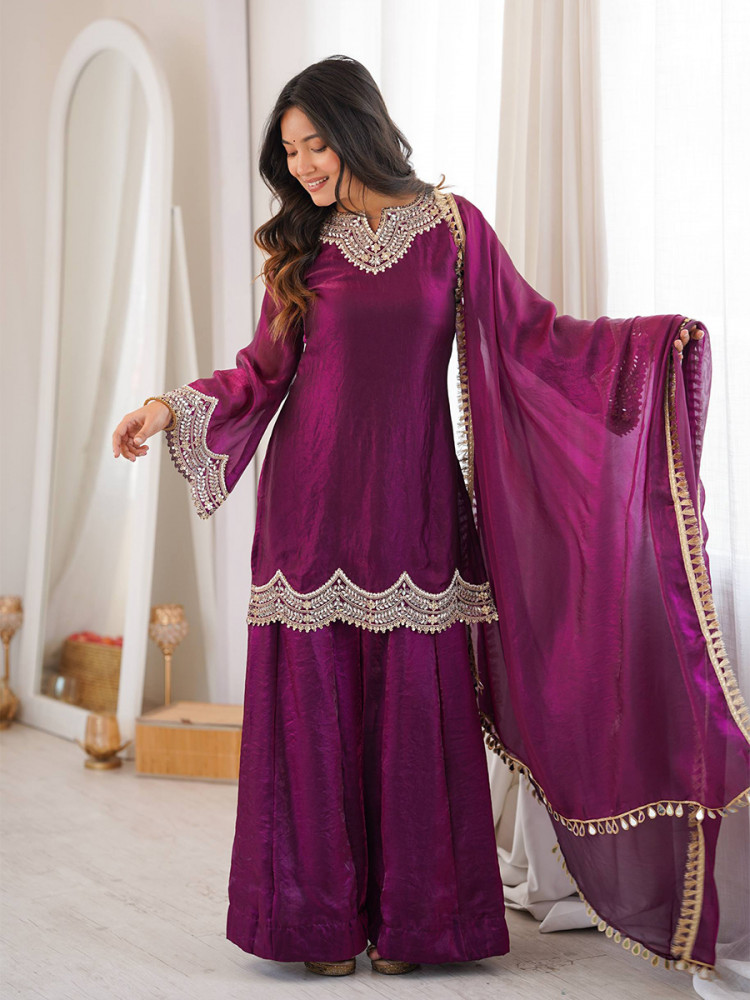 Image of Wine Fendy Silk Sequins Stone Work Wedding Party Festival Casual Ready Palazzo Pant Salwar Kameez