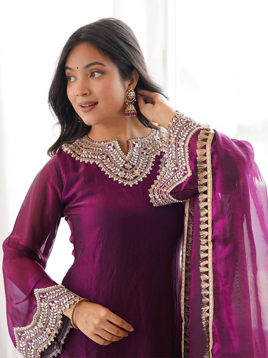 Wine Fendy Silk Sequins Stone Work Wedding Party Festival Casual Ready Palazzo Pant Salwar Kameez