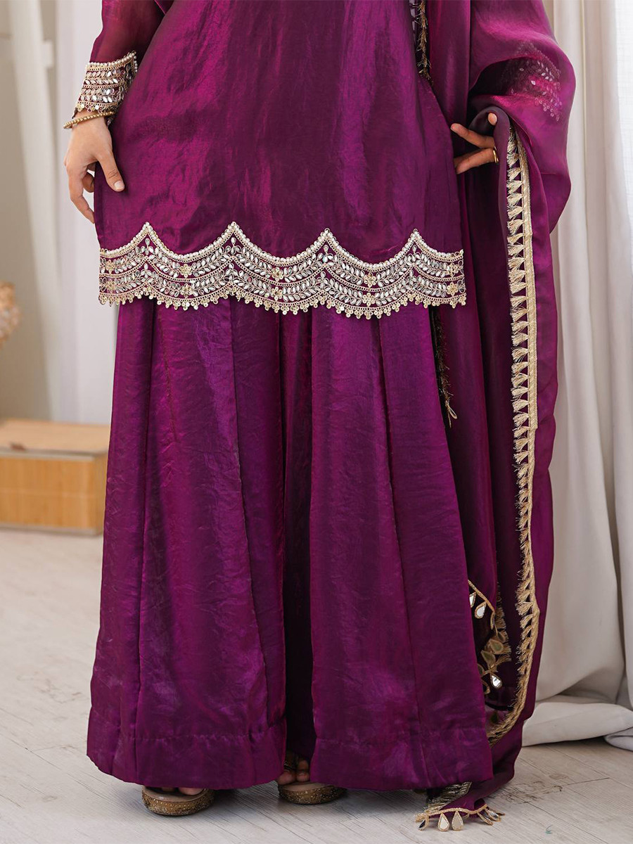 Wine Fendy Silk Sequins Stone Work Wedding Party Festival Casual Ready Palazzo Pant Salwar Kameez