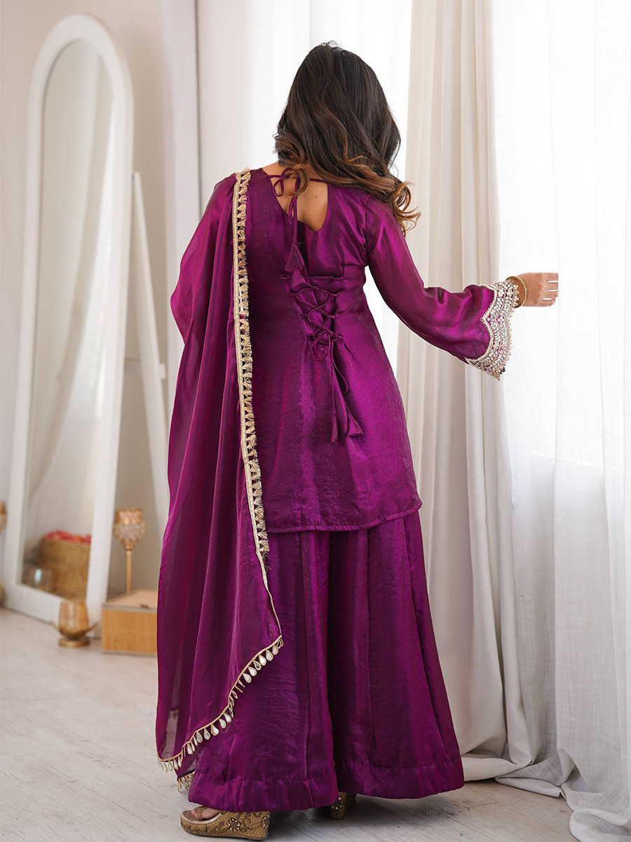 Wine Fendy Silk Sequins Stone Work Wedding Party Festival Casual Ready Palazzo Pant Salwar Kameez