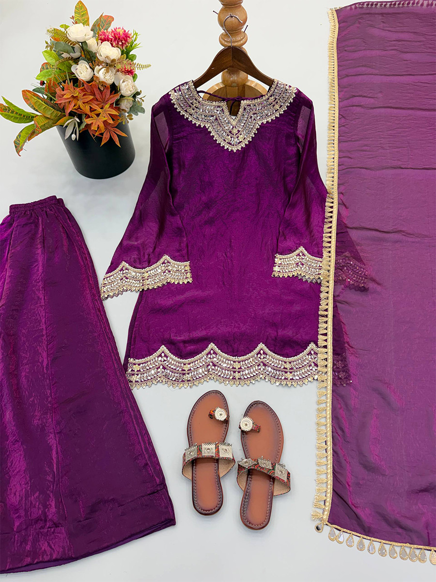 Wine Fendy Silk Sequins Stone Work Wedding Party Festival Casual Ready Palazzo Pant Salwar Kameez