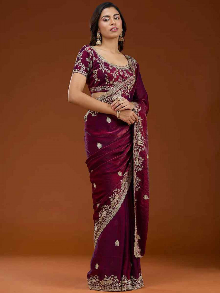 Image of Wine Frendy Chiffon Zari Embroidery Casual Reception Festival Wedding Fancy Heavy Border Sarees