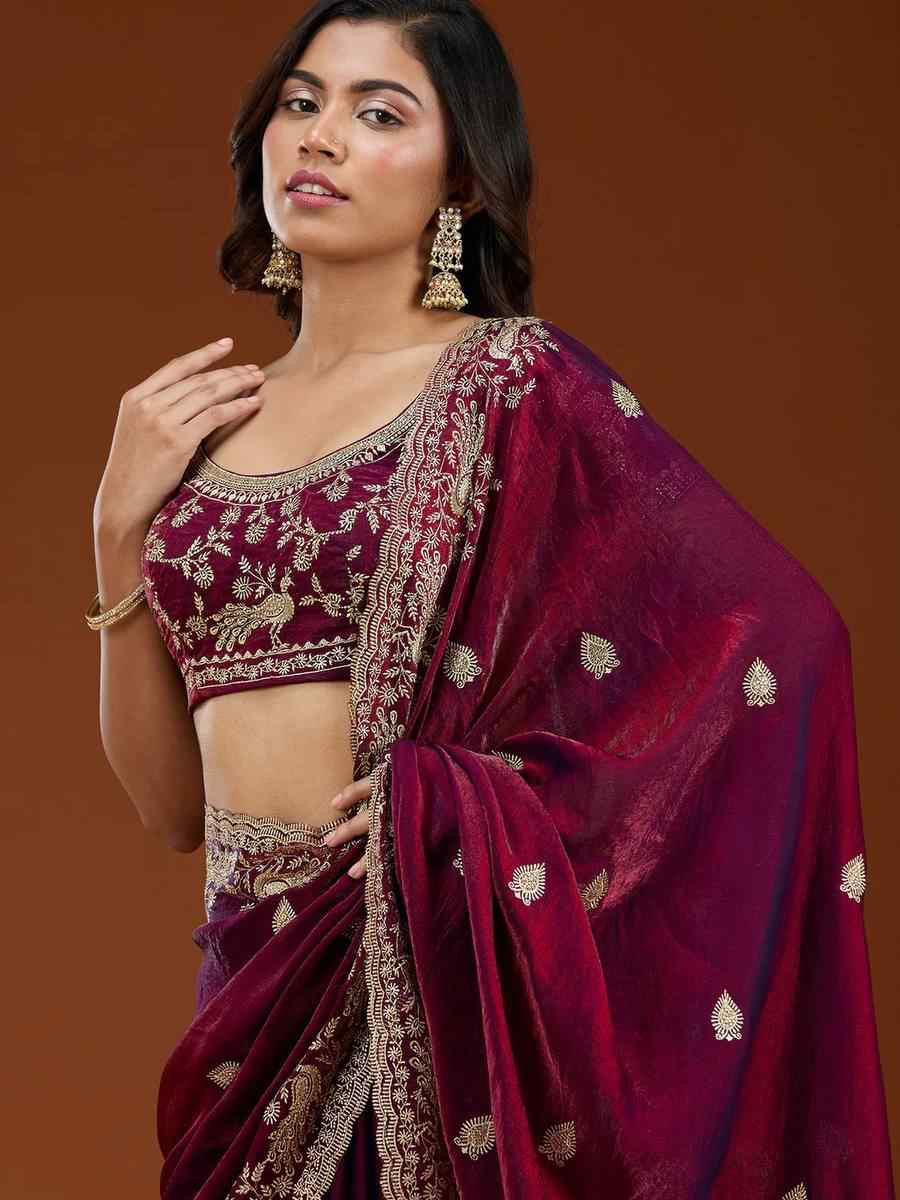 Wine Frendy Chiffon Zari Embroidery Casual Reception Festival Wedding Fancy Heavy Border Sarees