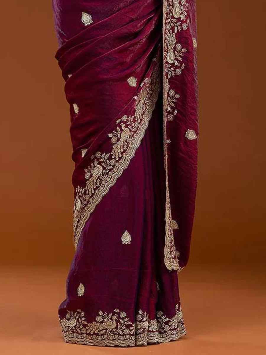 Wine Frendy Chiffon Zari Embroidery Casual Reception Festival Wedding Fancy Heavy Border Sarees