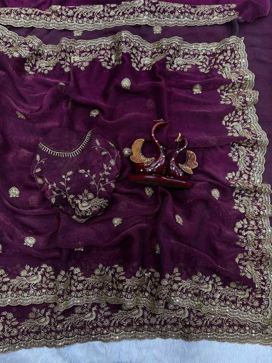 Wine Frendy Chiffon Zari Embroidery Casual Reception Festival Wedding Fancy Heavy Border Sarees