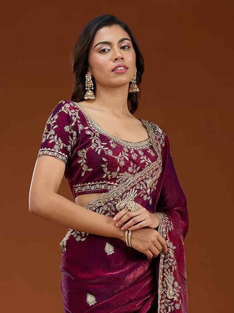Wine Frendy Chiffon Zari Embroidery Casual Reception Festival Wedding Fancy Heavy Border Sarees