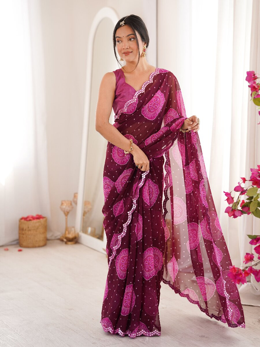 Wine Georgette Bandhani Printed Mirror Cut Work Wedding Reception Party Festival Casual Heavy Border Sarees