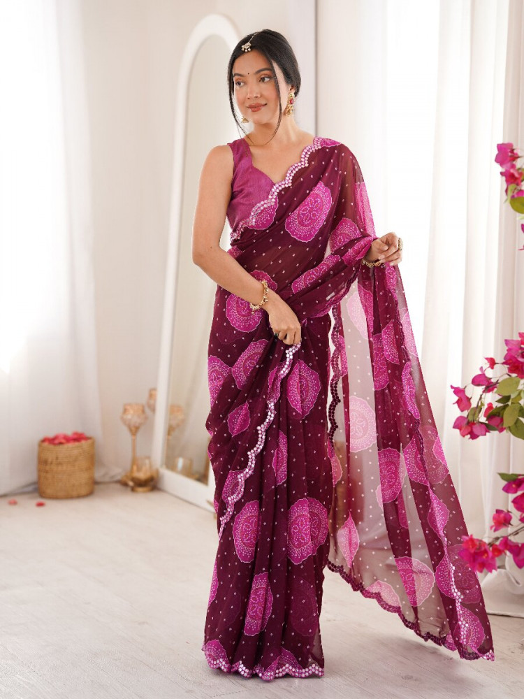 Image of Wine Georgette Bandhani Printed Mirror Cut Work Wedding Reception Party Festival Casual Heavy Border Sarees