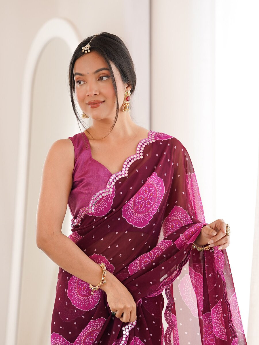 Wine Georgette Bandhani Printed Mirror Cut Work Wedding Reception Party Festival Casual Heavy Border Sarees