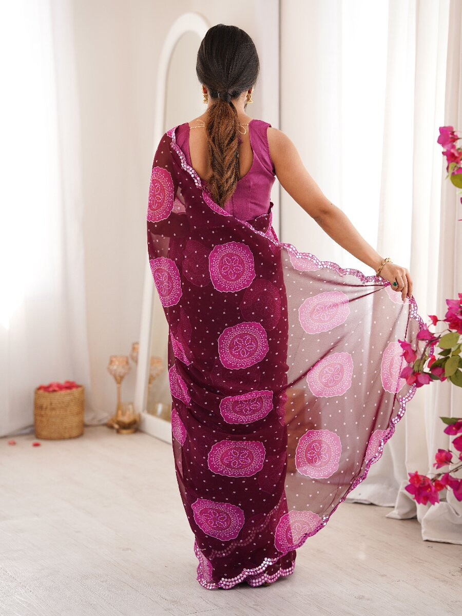 Wine Georgette Bandhani Printed Mirror Cut Work Wedding Reception Party Festival Casual Heavy Border Sarees
