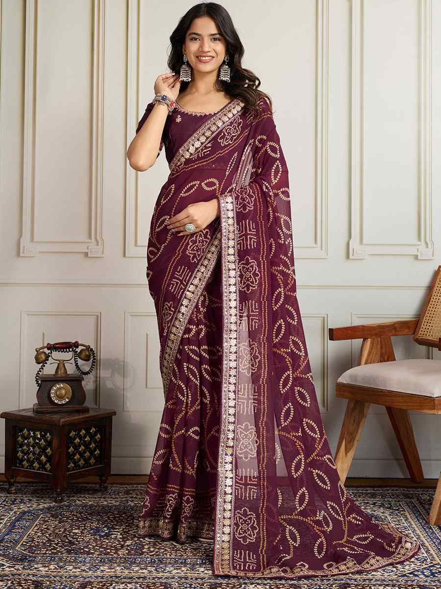 Wine Georgette Bhandej Print with Embroidery Party Bridal Reception Festival Wedding Fancy Heavy Border Saree