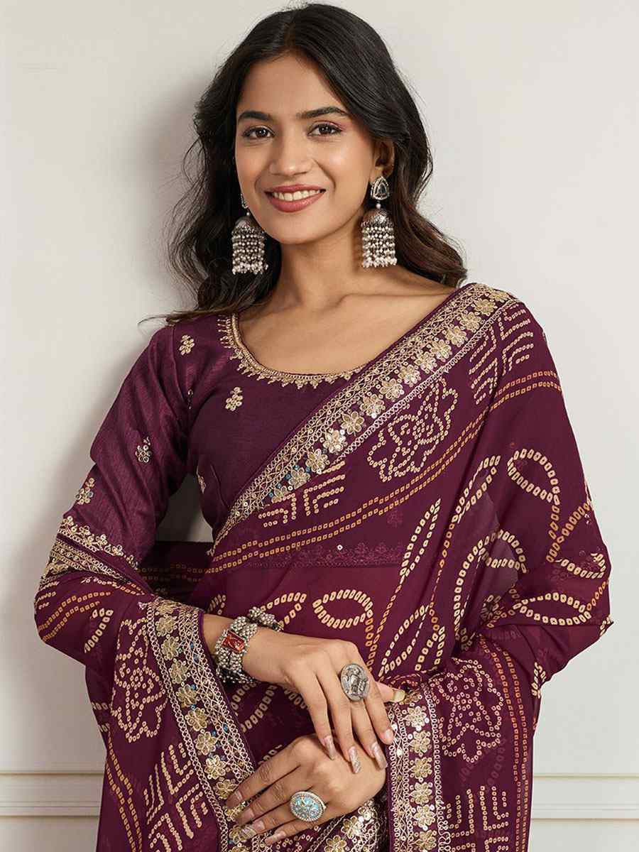 Wine Georgette Bhandej Print with Embroidery Party Bridal Reception Festival Wedding Fancy Heavy Border Saree