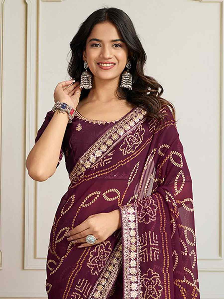 Wine Georgette Bhandej Print with Embroidery Party Bridal Reception Festival Wedding Fancy Heavy Border Saree