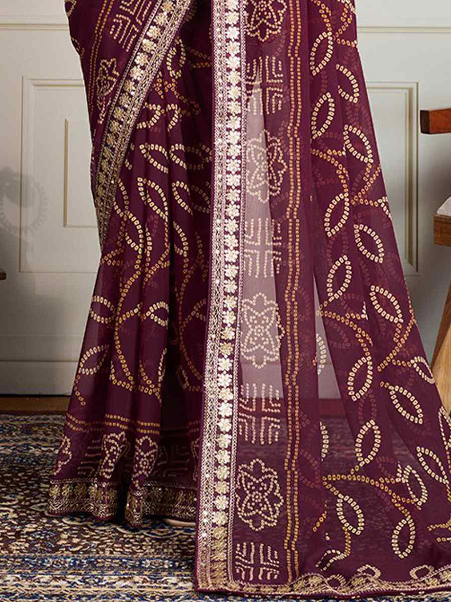 Wine Georgette Bhandej Print with Embroidery Party Bridal Reception Festival Wedding Fancy Heavy Border Saree