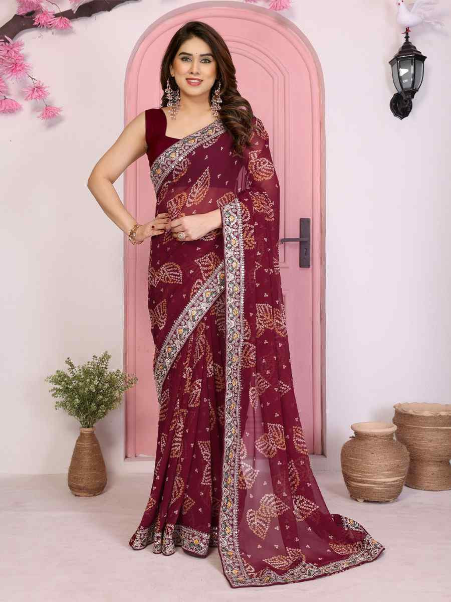 Wine Georgette Bhandej Print with Embroidery Party Bridal Reception Festival Wedding Fancy Heavy Border Saree