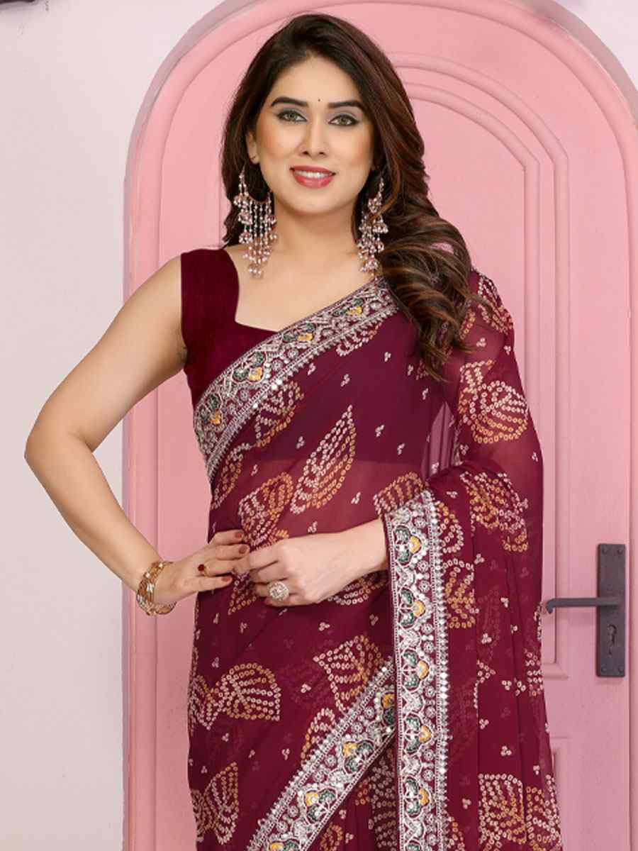 Wine Georgette Bhandej Print with Embroidery Party Bridal Reception Festival Wedding Fancy Heavy Border Saree