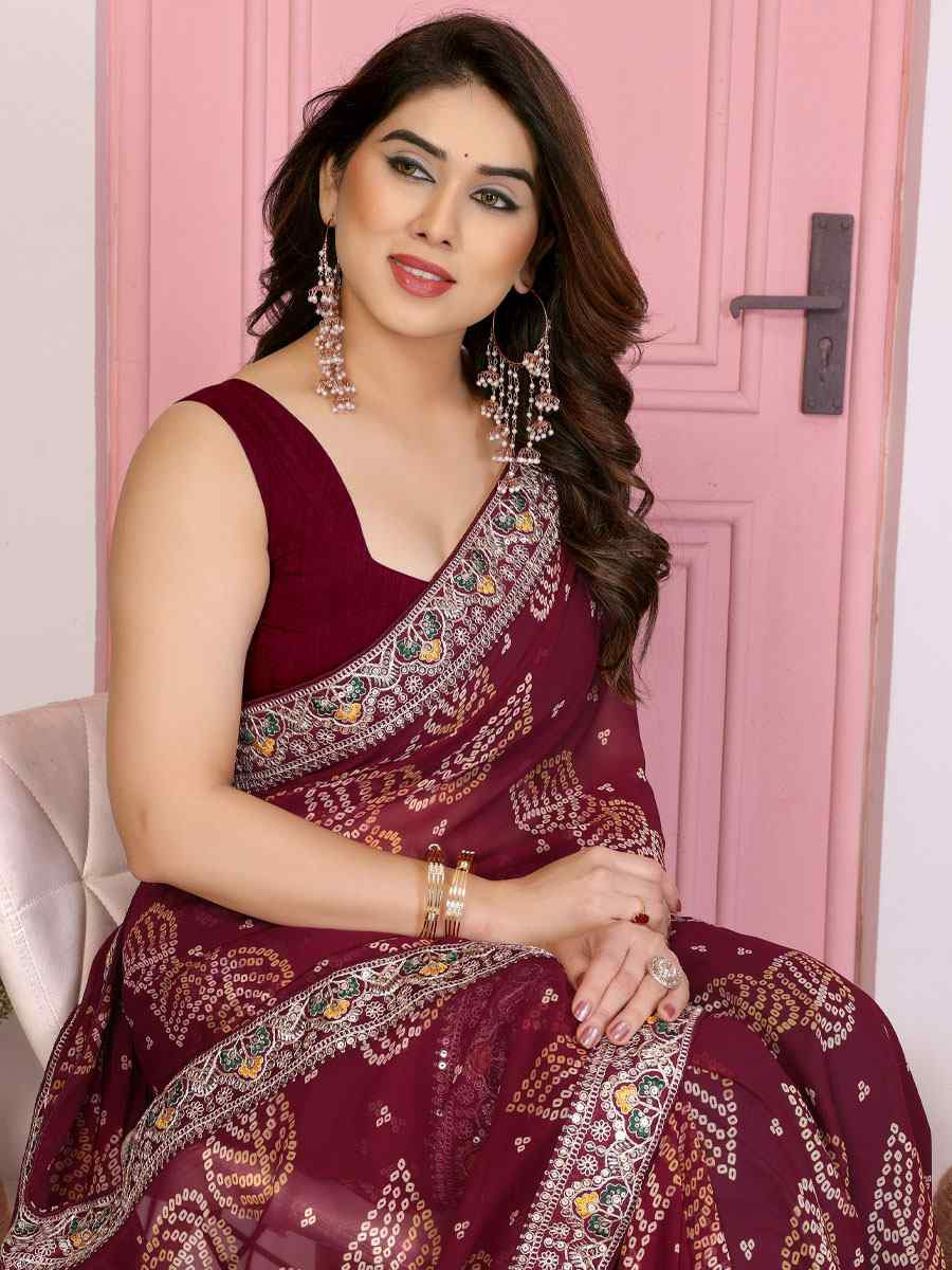 Wine Georgette Bhandej Print with Embroidery Party Bridal Reception Festival Wedding Fancy Heavy Border Saree
