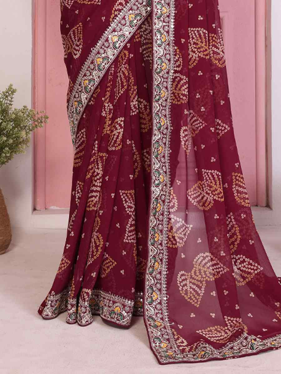 Wine Georgette Bhandej Print with Embroidery Party Bridal Reception Festival Wedding Fancy Heavy Border Saree
