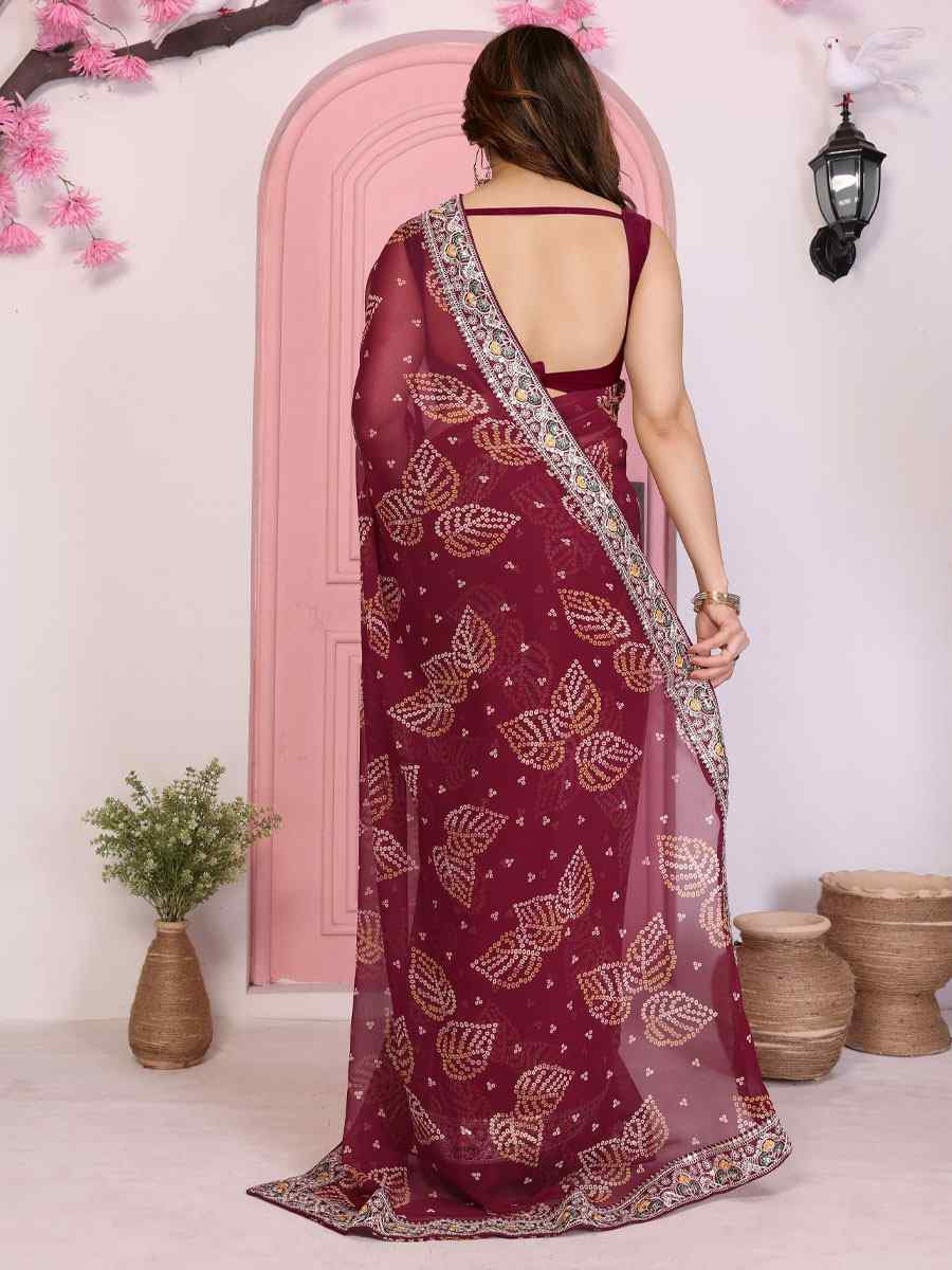 Wine Georgette Bhandej Print with Embroidery Party Bridal Reception Festival Wedding Fancy Heavy Border Saree