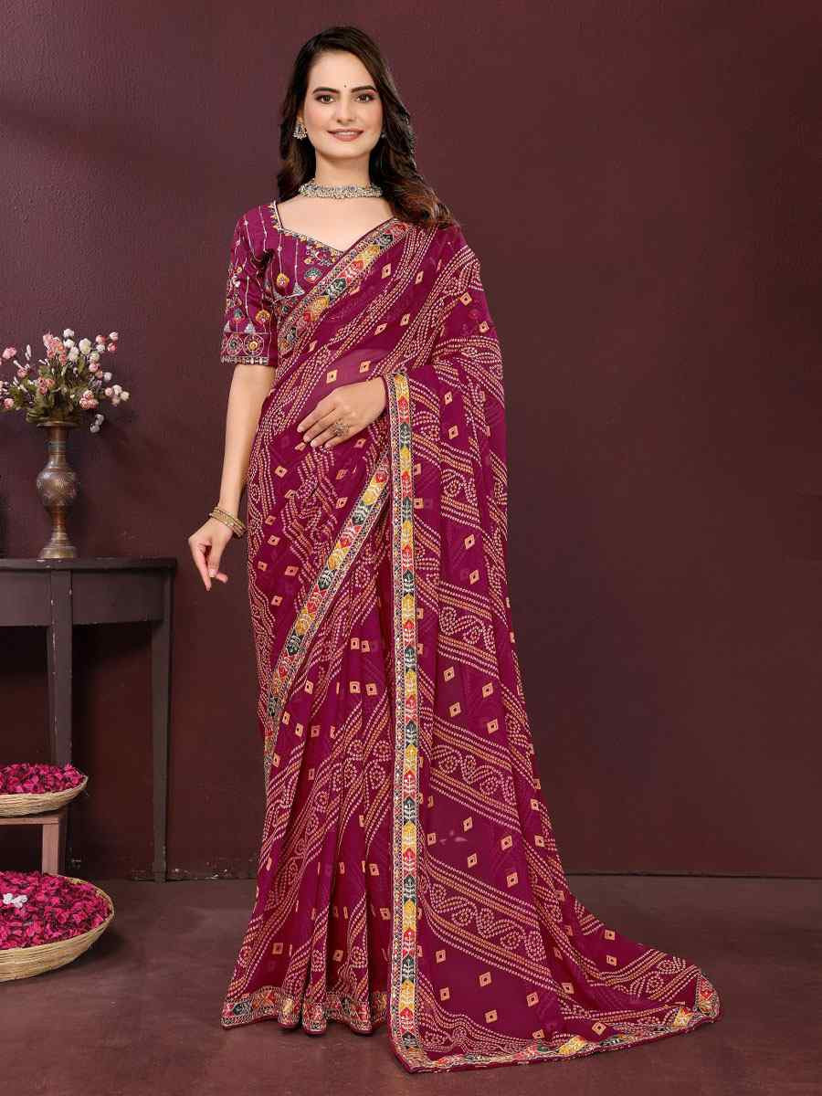 Wine Georgette Bhandej Printed Embroidery Traditional Festival Reception Festival Wedding Fancy Heavy Border Saree
