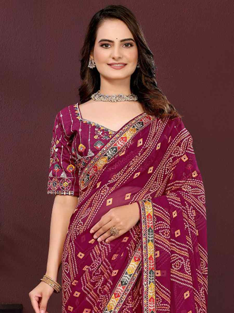 Wine Georgette Bhandej Printed Embroidery Traditional Festival Reception Festival Wedding Fancy Heavy Border Saree