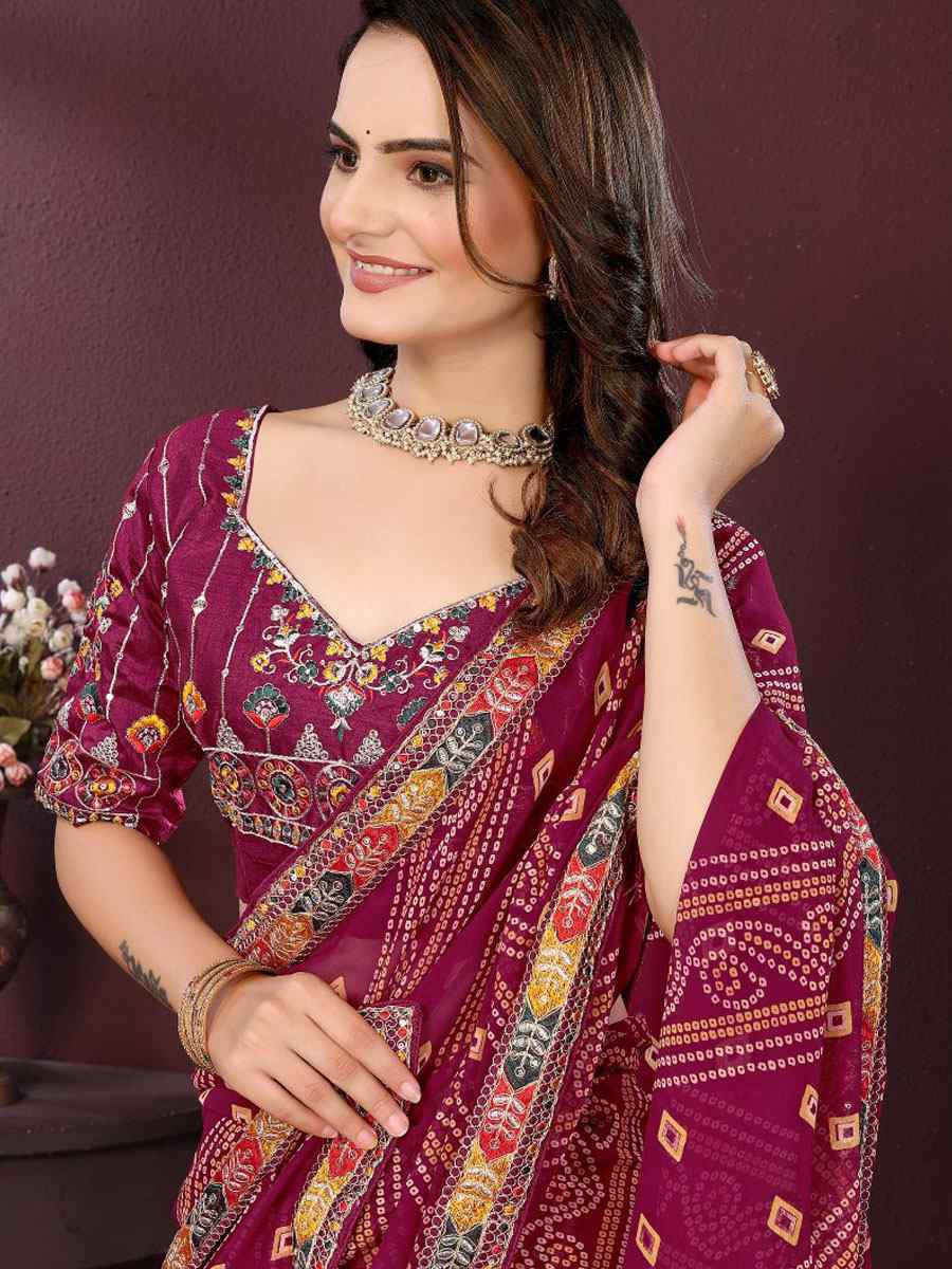 Wine Georgette Bhandej Printed Embroidery Traditional Festival Reception Festival Wedding Fancy Heavy Border Saree