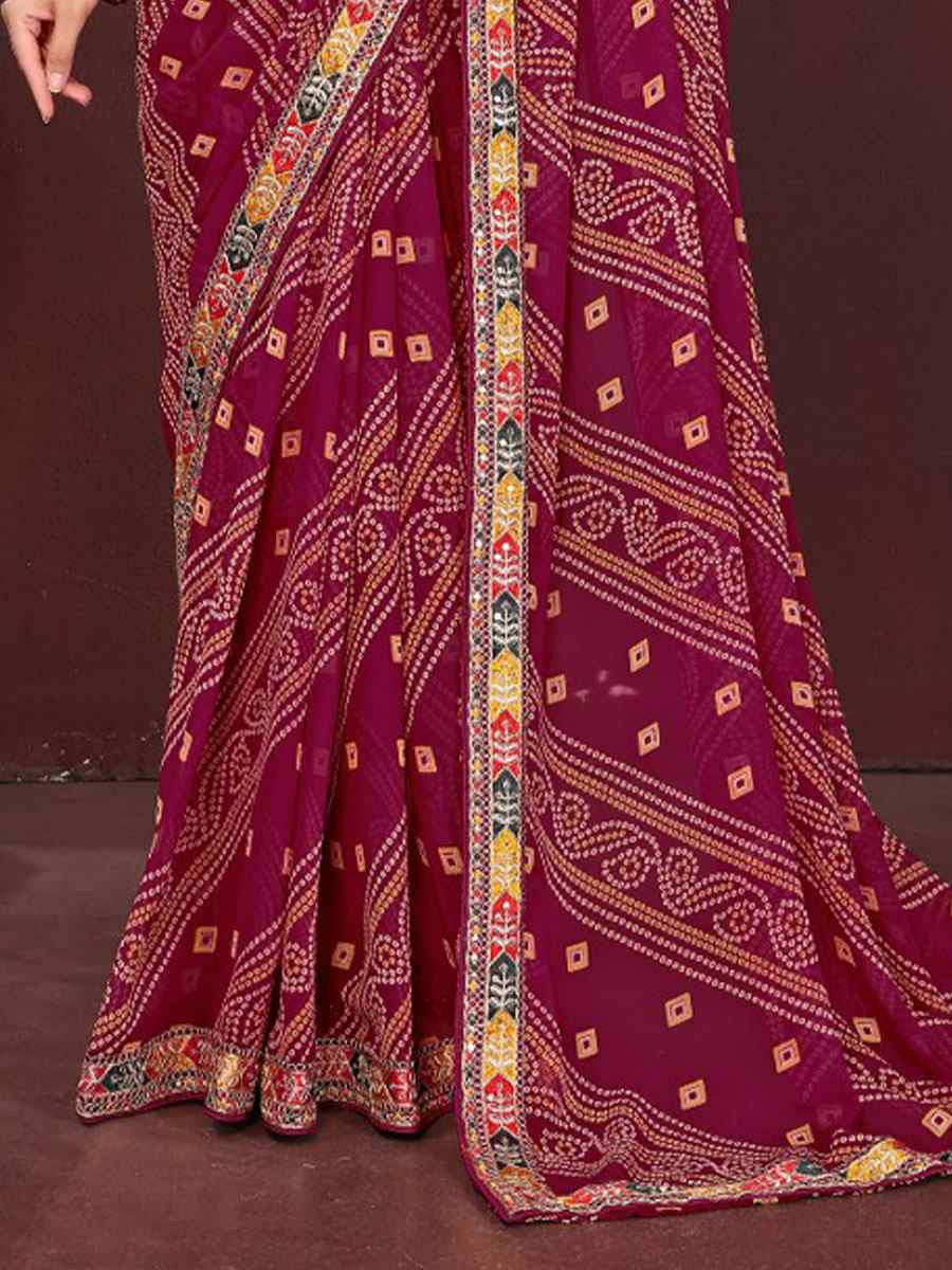 Wine Georgette Bhandej Printed Embroidery Traditional Festival Reception Festival Wedding Fancy Heavy Border Saree