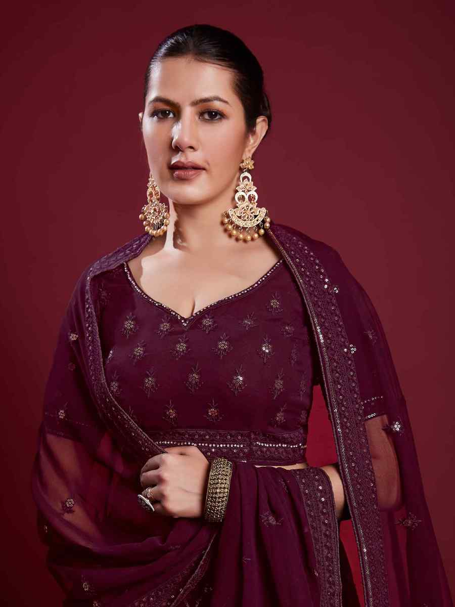 Wine Georgette Embroidered Bridal Wedding Heavy Border Lehenga Choli