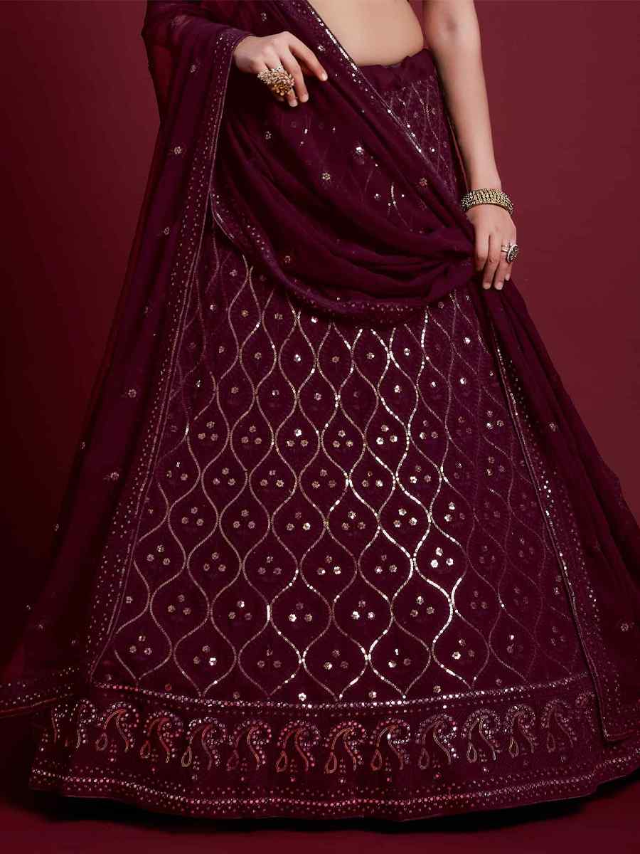 Wine Georgette Embroidered Bridal Wedding Heavy Border Lehenga Choli