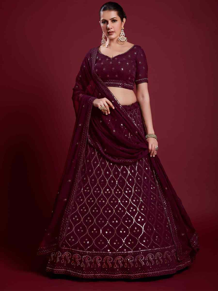 Wine Georgette Embroidered Bridal Wedding Heavy Border Lehenga Choli