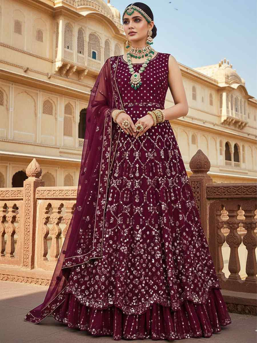 Wine Georgette Embroidered Bridal Wedding Reception Festival Heavy Border Lehenga Choli