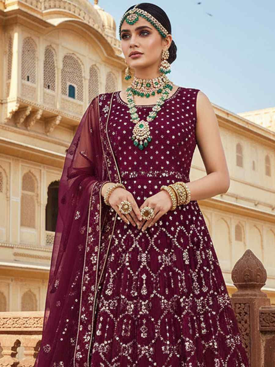 Wine Georgette Embroidered Bridal Wedding Reception Festival Heavy Border Lehenga Choli