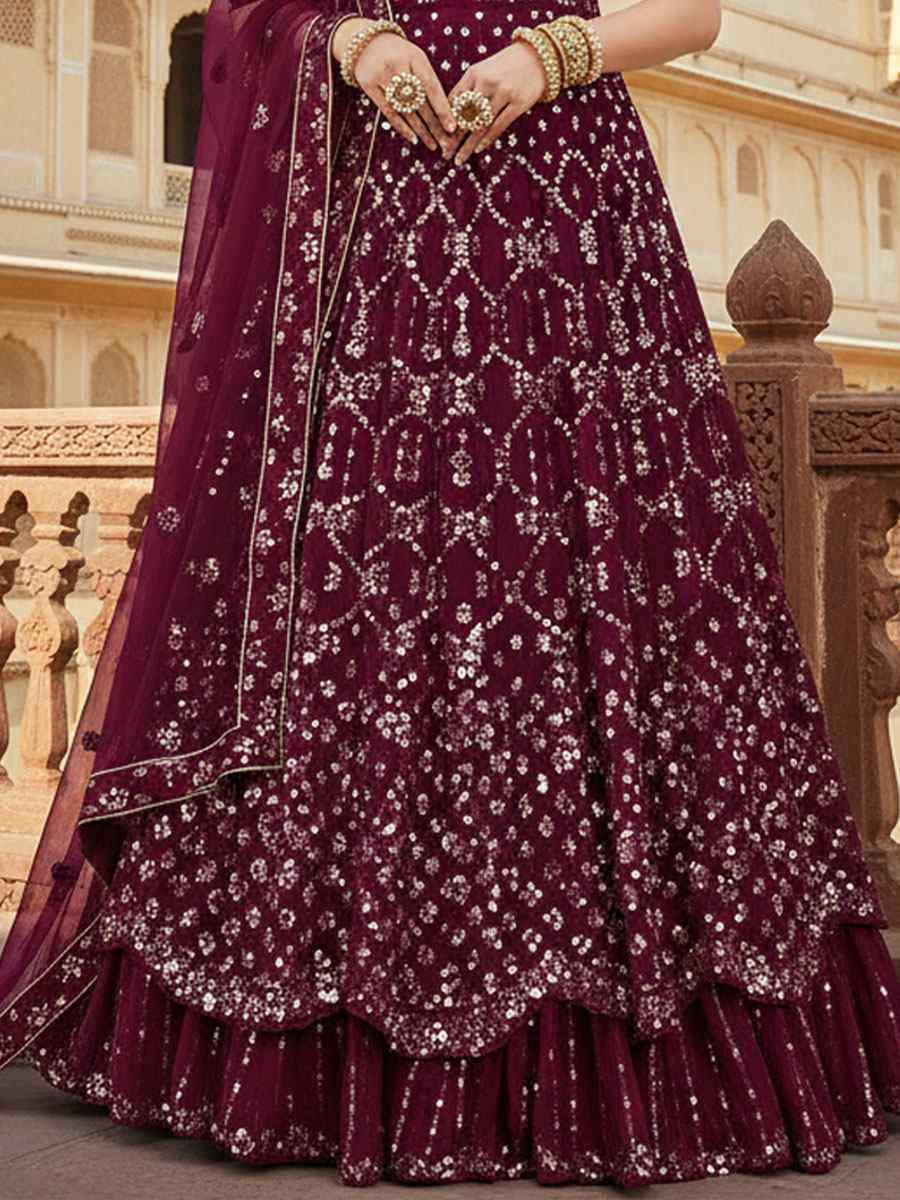 Wine Georgette Embroidered Bridal Wedding Reception Festival Heavy Border Lehenga Choli