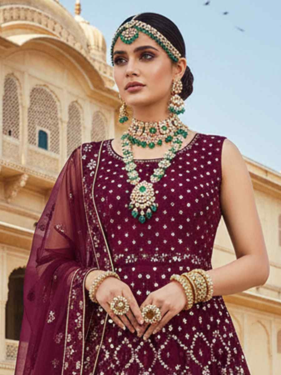 Wine Georgette Embroidered Bridal Wedding Reception Festival Heavy Border Lehenga Choli