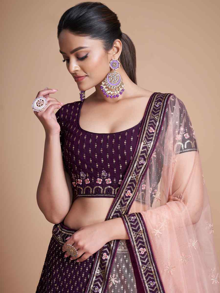 Wine Georgette Embroidered Bridesmaid Reception Heavy Border Lehenga Choli