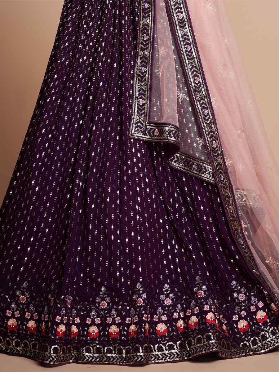 Wine Georgette Embroidered Bridesmaid Reception Heavy Border Lehenga Choli