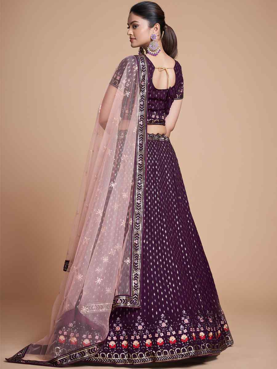 Wine Georgette Embroidered Bridesmaid Reception Heavy Border Lehenga Choli