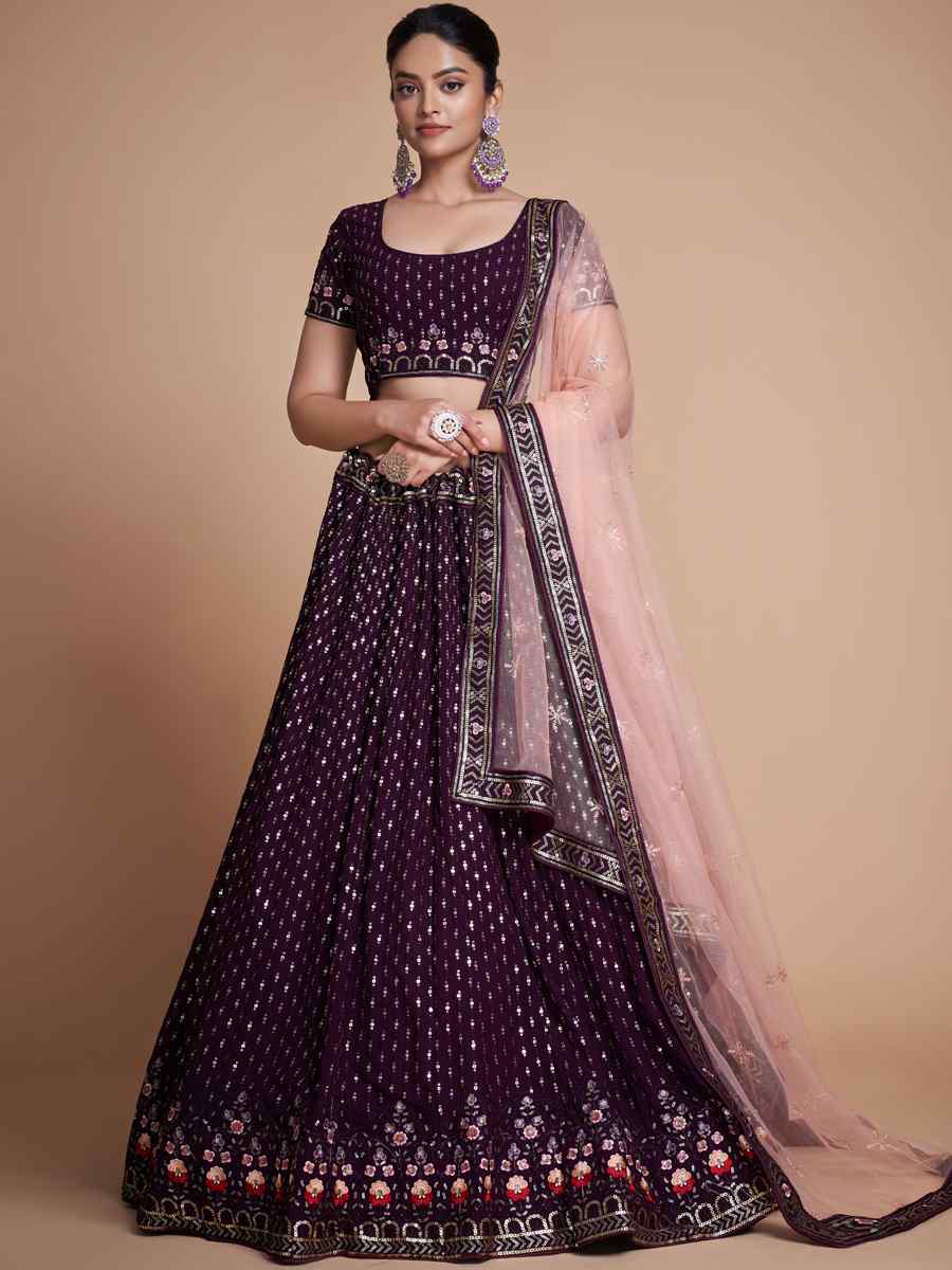 Wine Georgette Embroidered Bridesmaid Reception Heavy Border Lehenga Choli