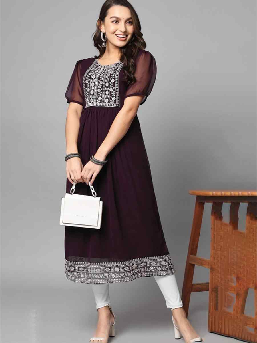 Wine Georgette Embroidered Festival Casual Kurti
