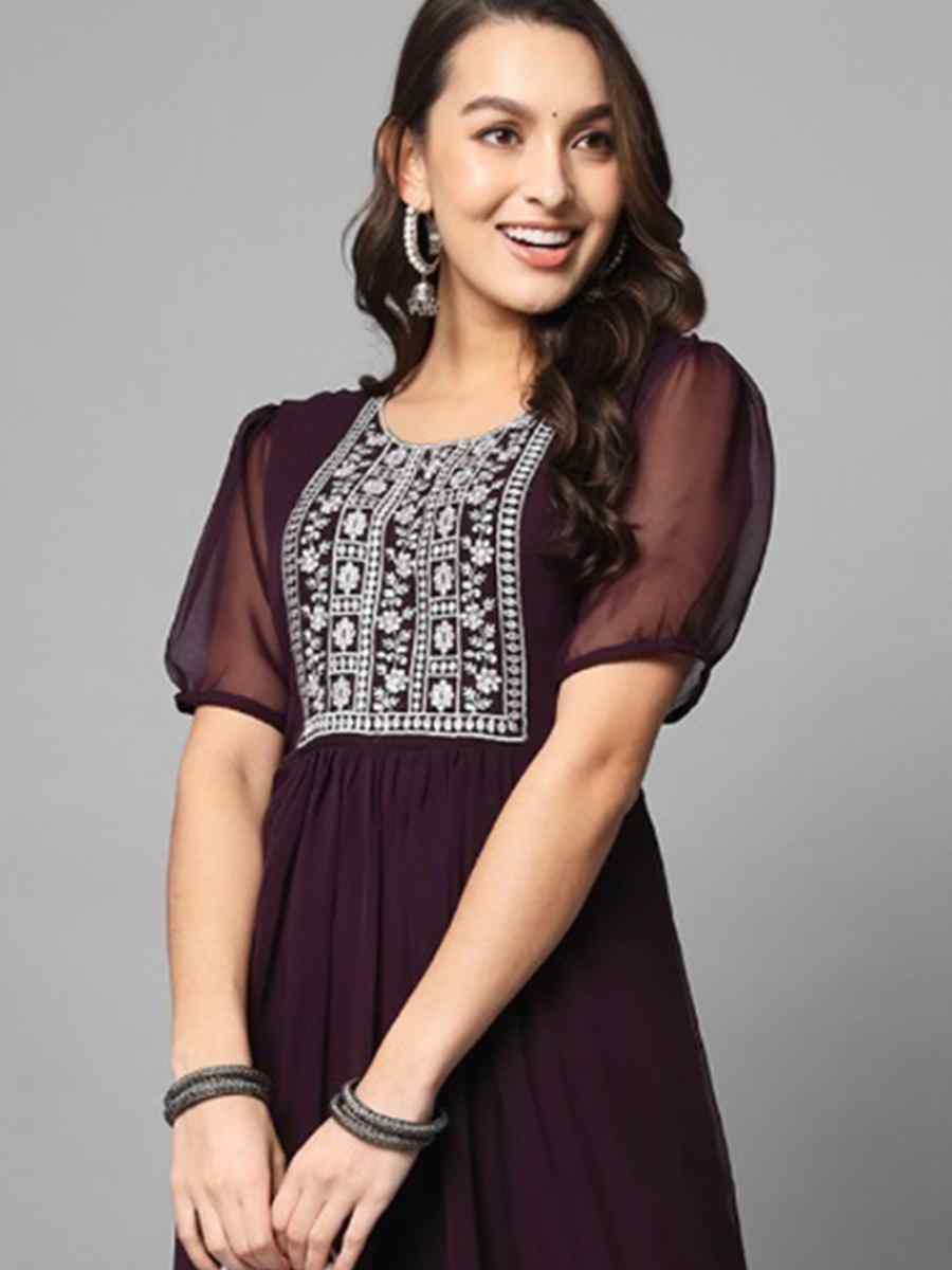 Wine Georgette Embroidered Festival Casual Kurti