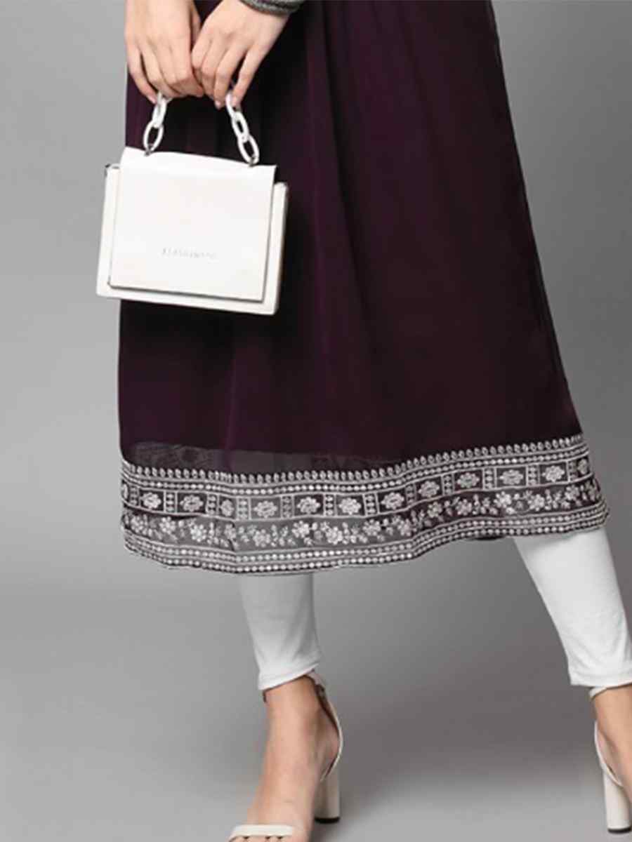 Wine Georgette Embroidered Festival Casual Kurti