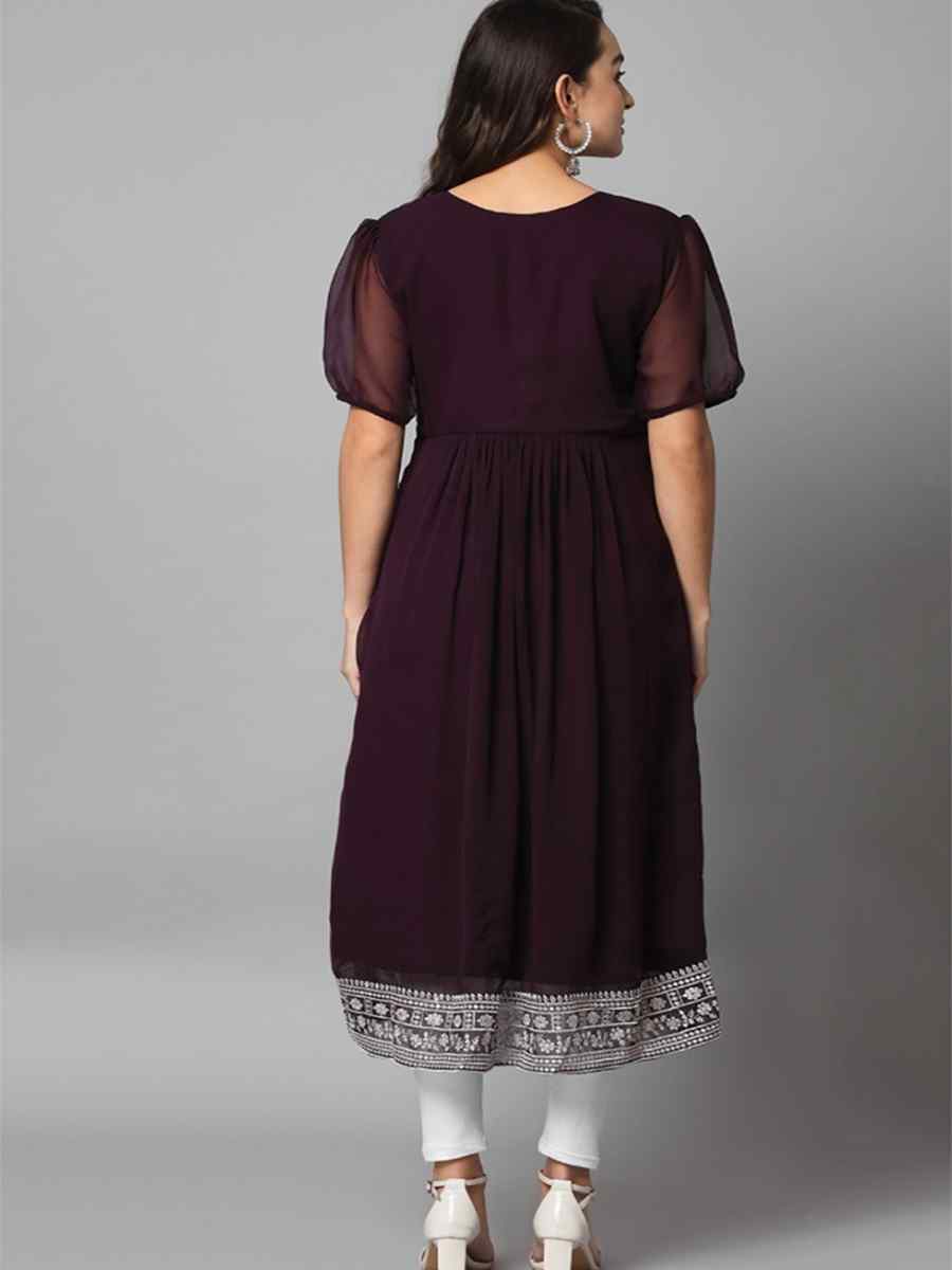 Wine Georgette Embroidered Festival Casual Kurti