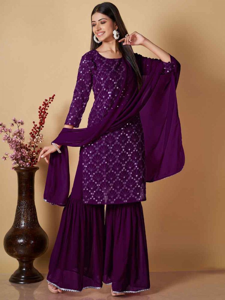Wine Georgette Embroidered Festival Casual Ready Palazzo Pant Salwar Kameez