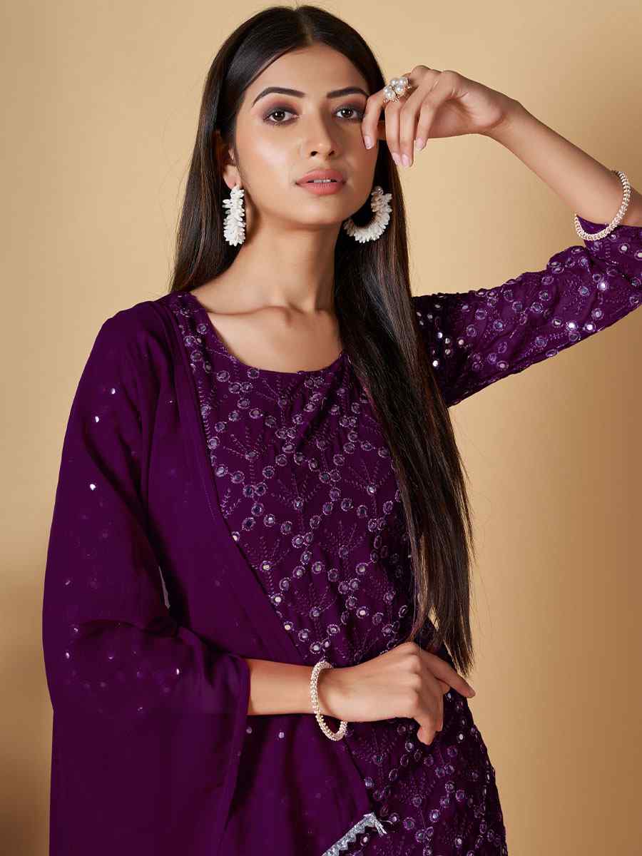 Wine Georgette Embroidered Festival Casual Ready Palazzo Pant Salwar Kameez