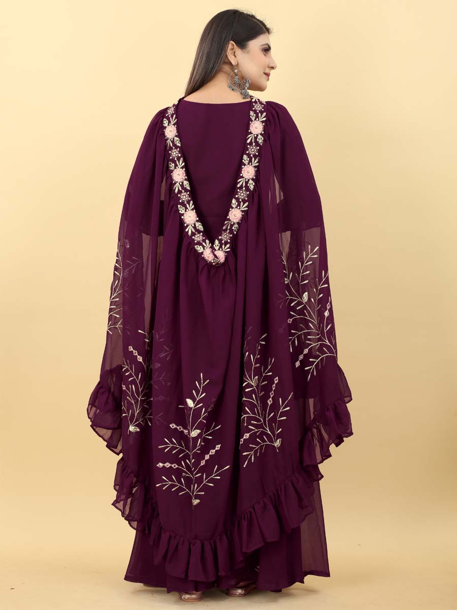 Wine Georgette Embroidered Festival Party Gown