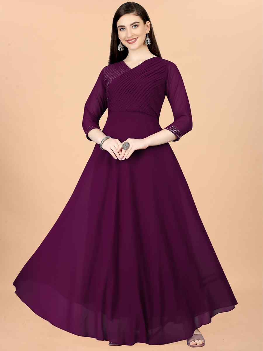 Wine Georgette Embroidered Festival Party Gown