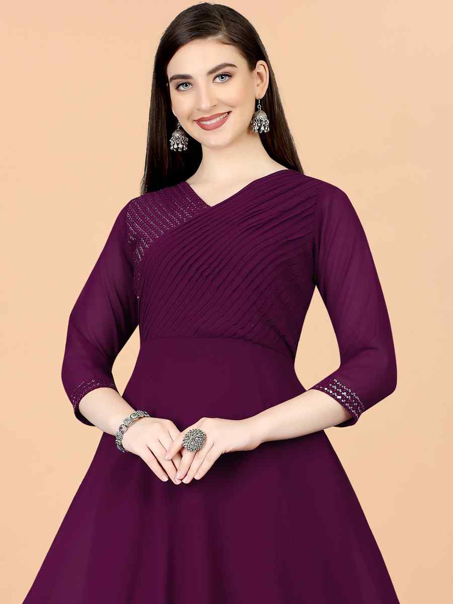 Wine Georgette Embroidered Festival Party Gown