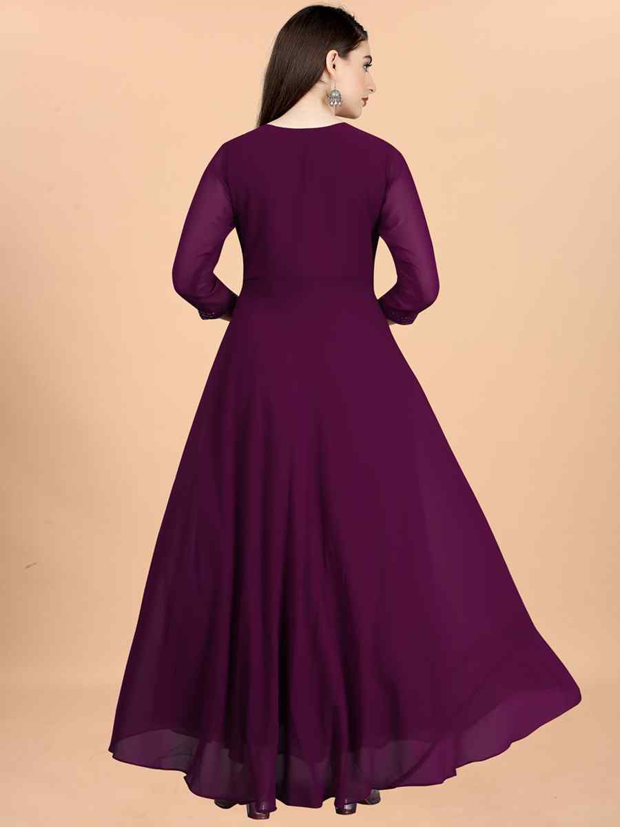 Wine Georgette Embroidered Festival Party Gown