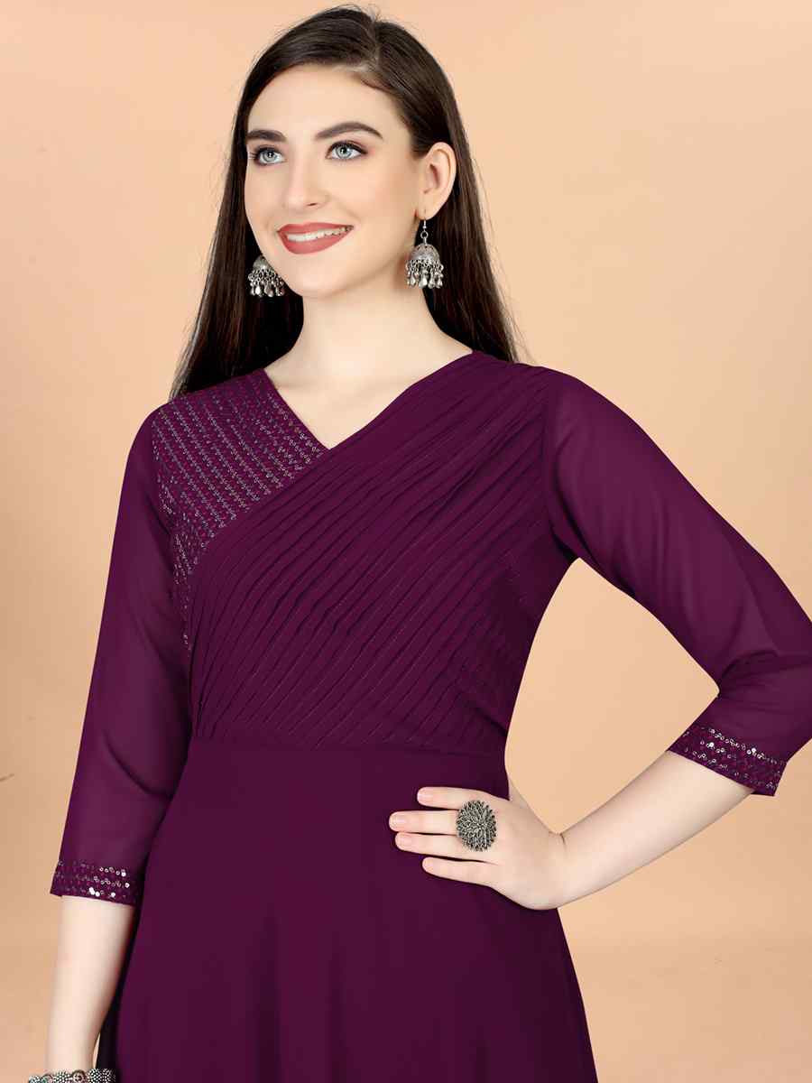 Wine Georgette Embroidered Festival Party Gown